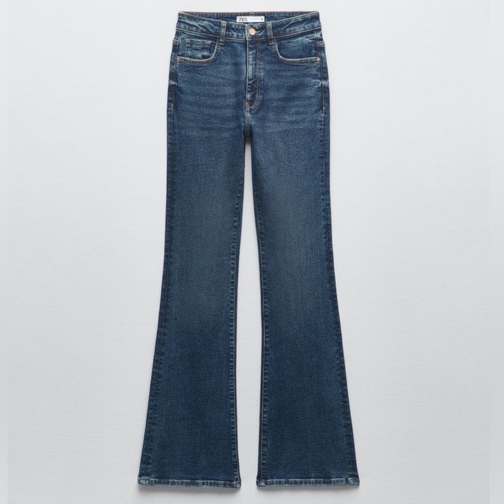 ZARA faded dark wash flared full length jeans!